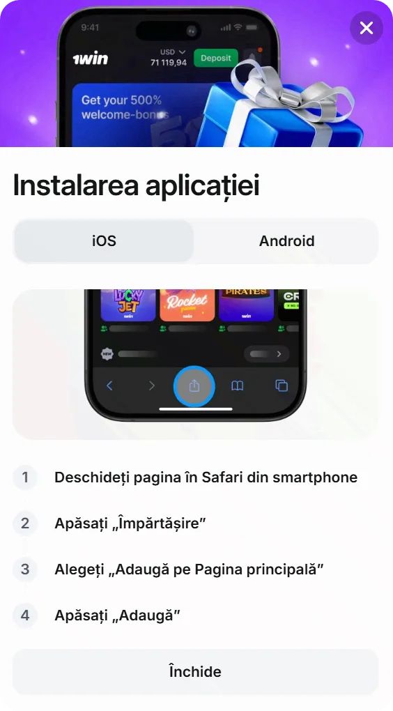 Instalare 1Win pe iPhone prin Safari — pașii pentru PWA