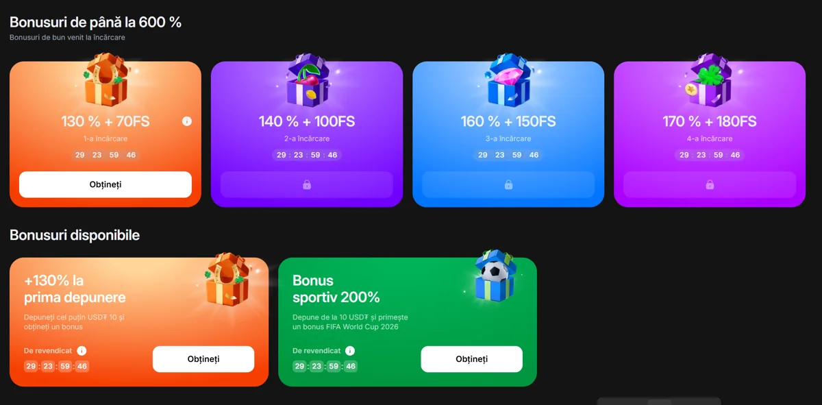 Bonusuri de bun venit 1Win până la 600% pe primele patru depuneri, cu rotiri gratuite