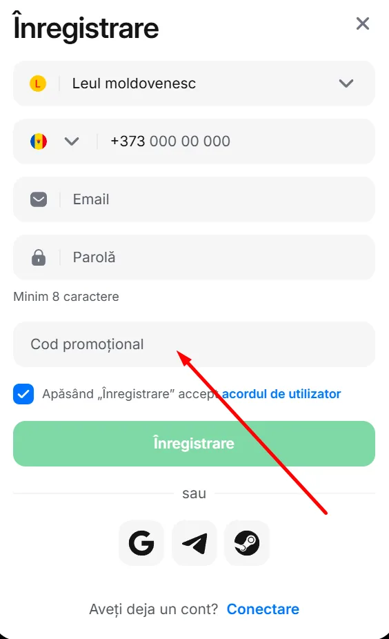 Câmpul de cod promoțional deschis în formularul de înregistrare 1Win