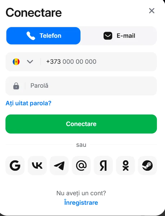 Ecran de conectare 1Win cu șapte opțiuni de autentificare prin rețele sociale