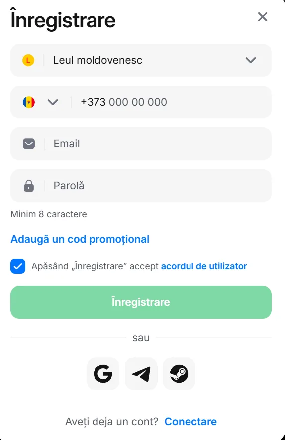 Formular de înregistrare 1Win cu valuta Leul moldovenesc, telefon +373, email și parolă