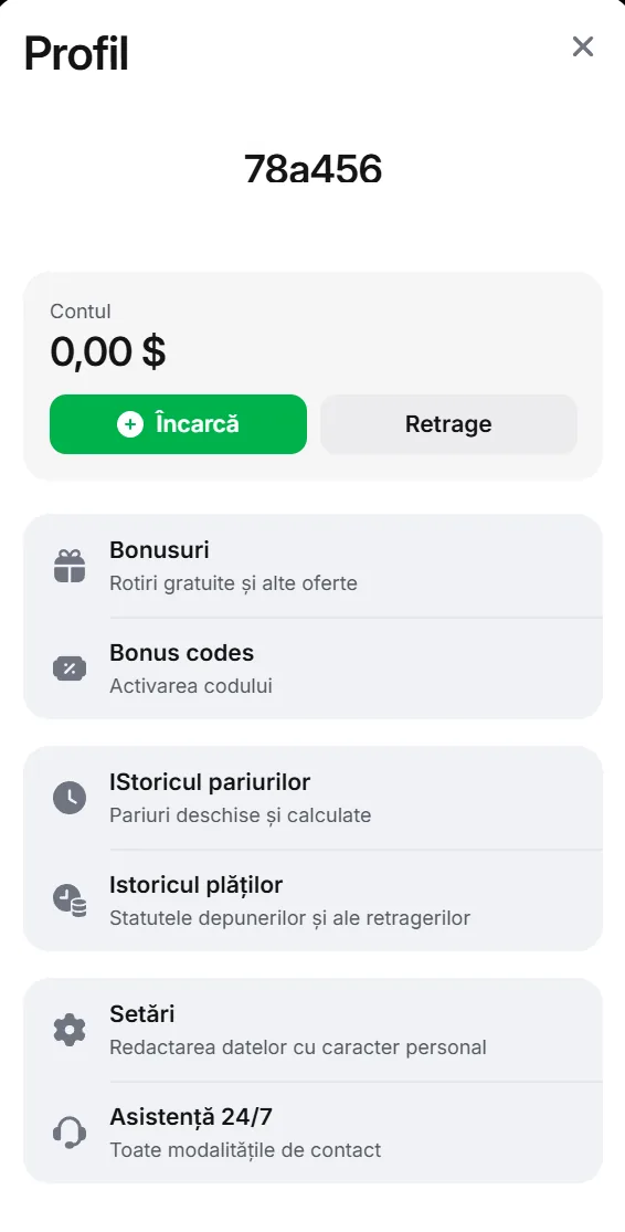 Profilul contului 1Win cu sold, secțiuni de bonusuri, istoric și setări