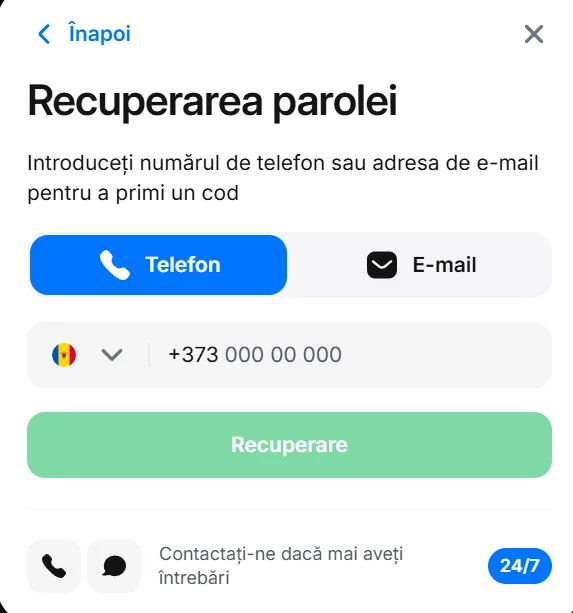Ecran de recuperare a parolei 1Win cu file telefon și email